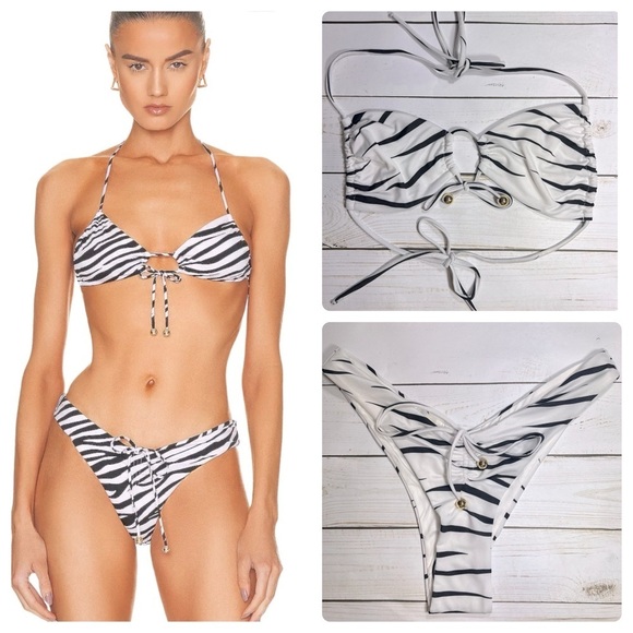 Monica Hansen | Wild Stripes Bikini Halter Top & V Ruched Bottom Zebra | S - Picture 1 of 12